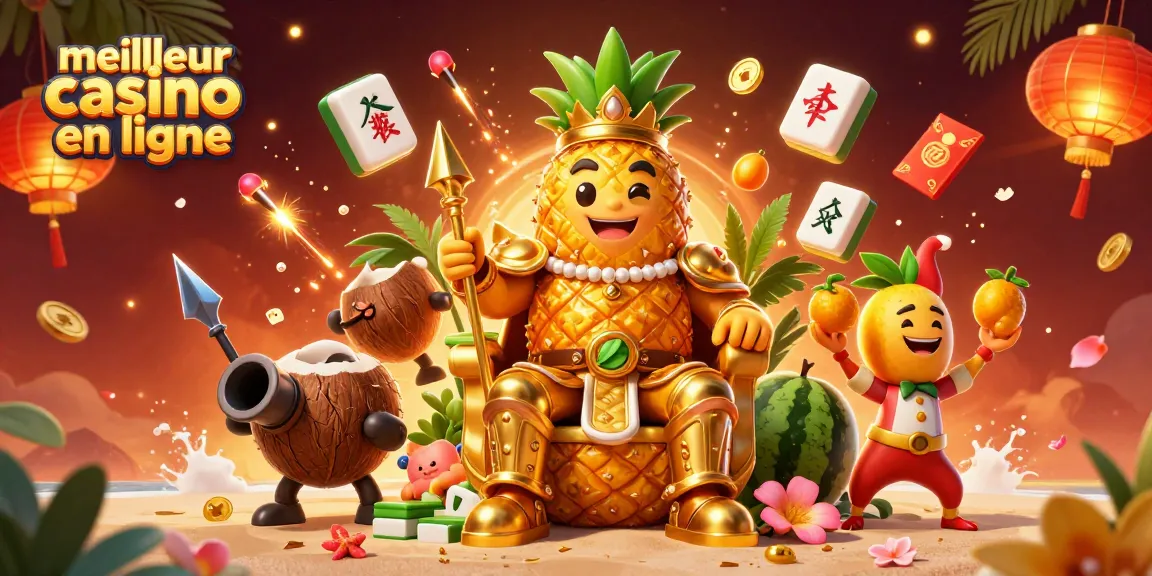 Illustration dynamique mettant en avant le meilleur casino en ligne avec un roi ananas et des éléments de jeu.