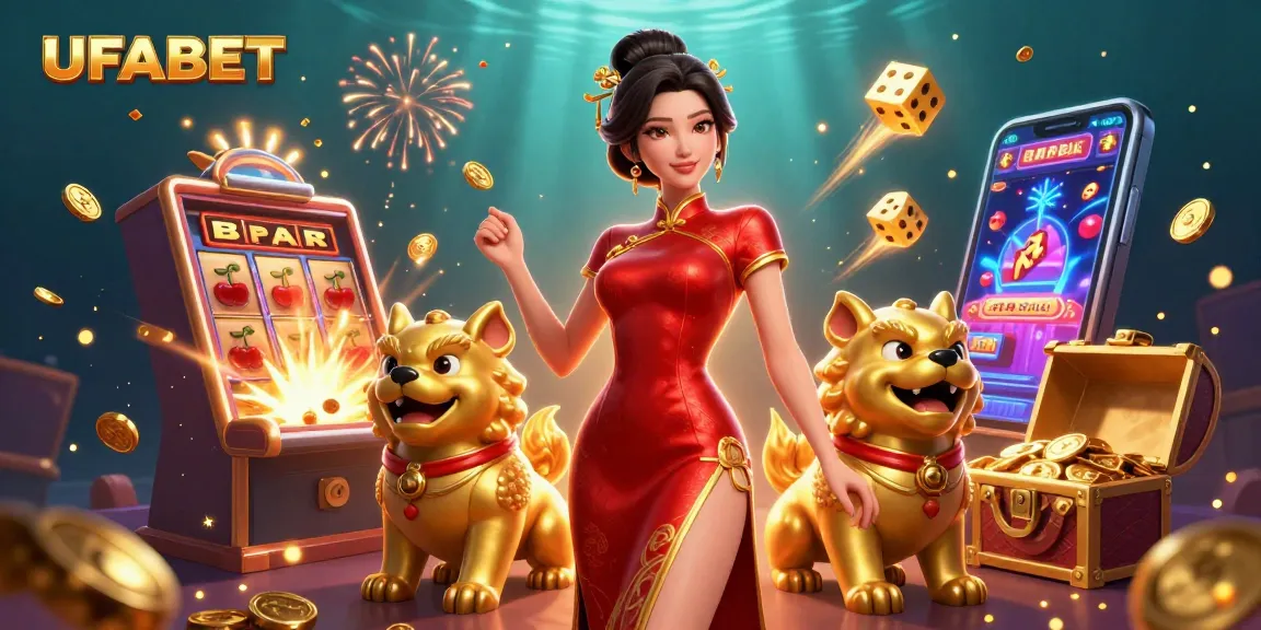 Enjoy thrilling UFABET gaming action with a glamorous Asian woman, foo dog guardians, and explosive jackpots.