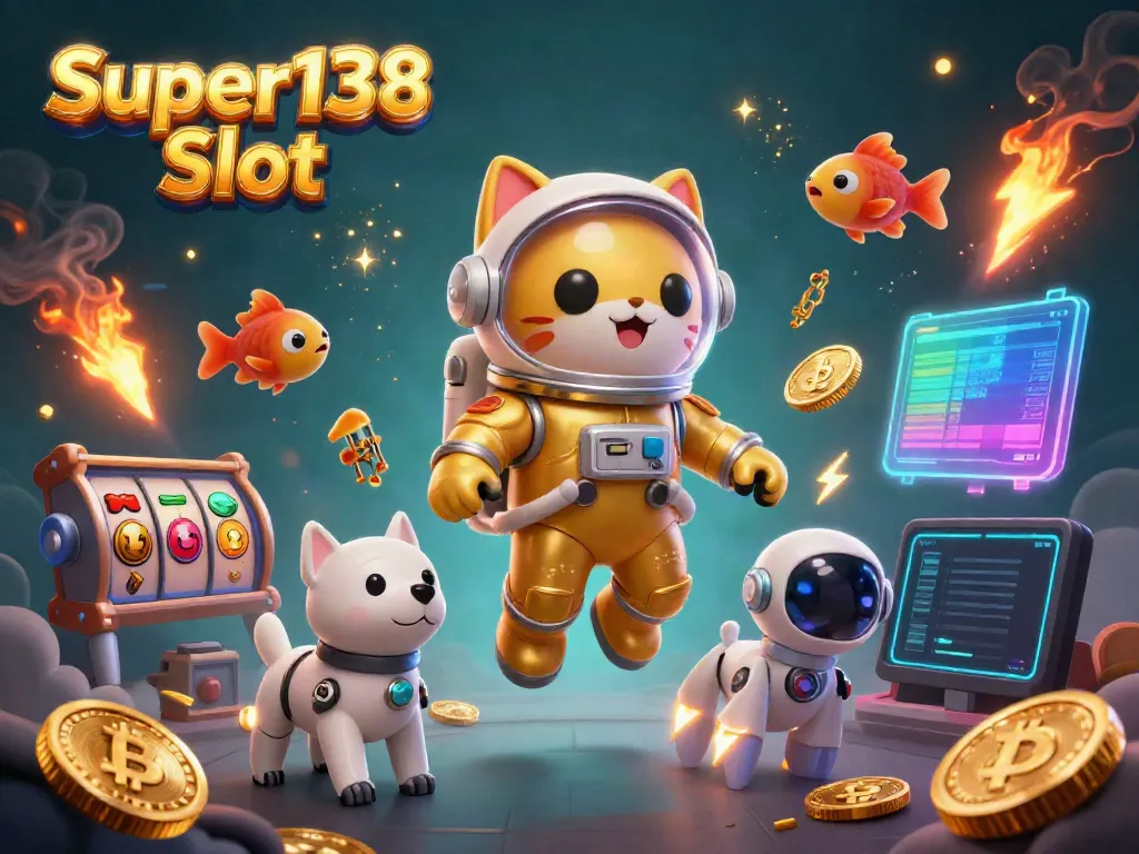 Engage with the Super138 Slot in an ultra-detailed cosmic scene featuring a cat astronaut surrounded by futuristic slot elements.