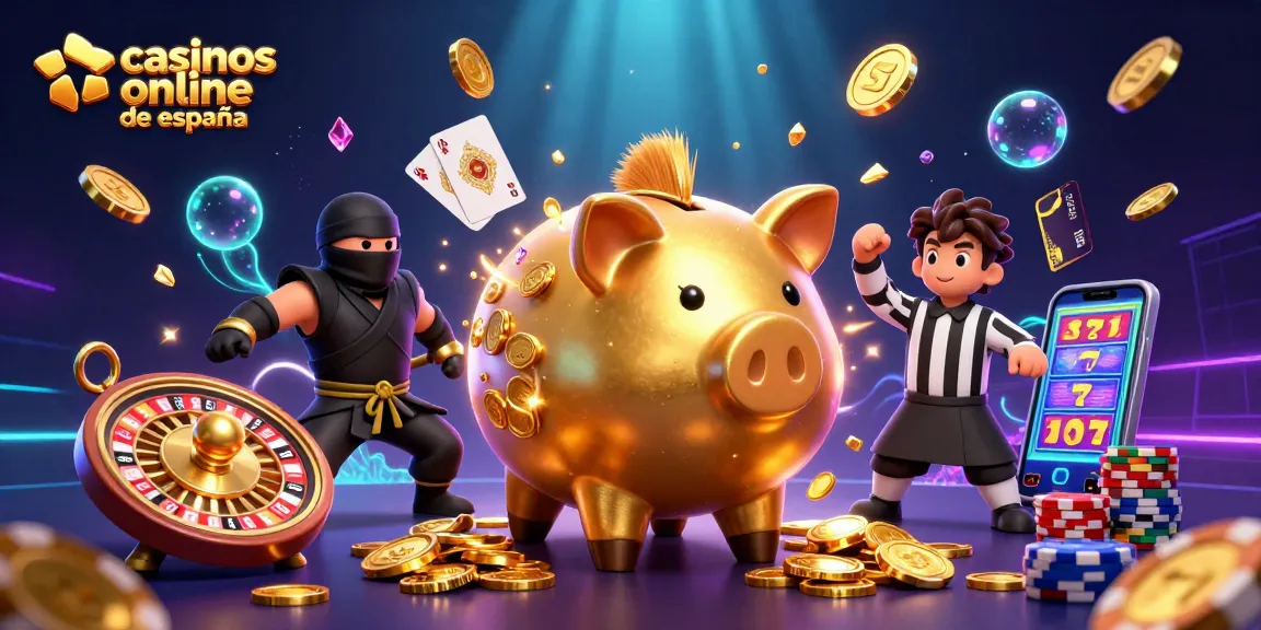 Disfruta los mejores casinos online de España en una animada escena de juego con personajes 3D.