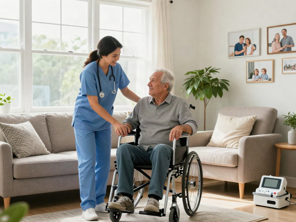 Caregiver assisting elderly man in comfortable home setting with bonus new member 100 care options.