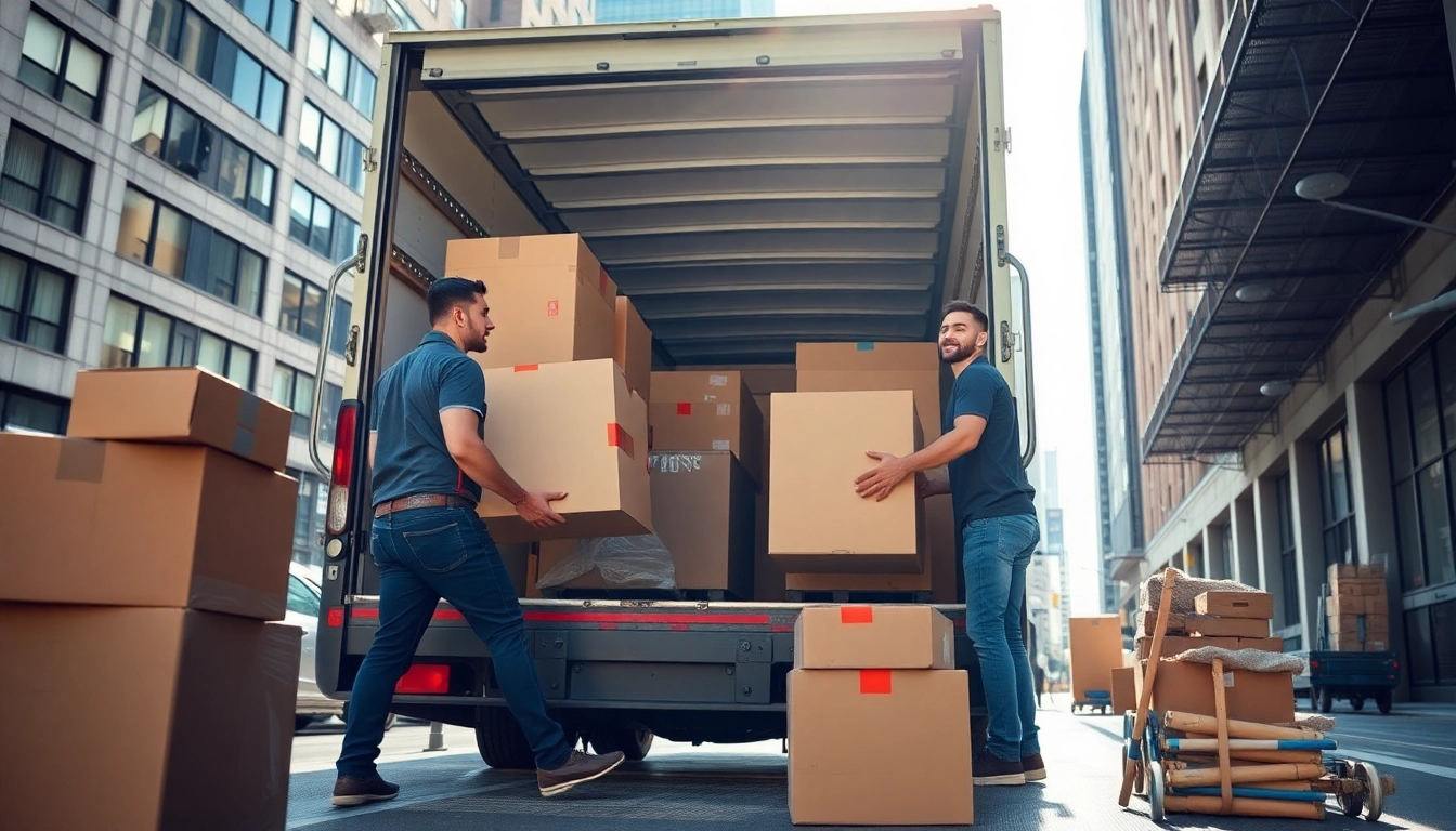 Efficient movers showcasing moving services edmonton by packing in a vibrant urban setting.