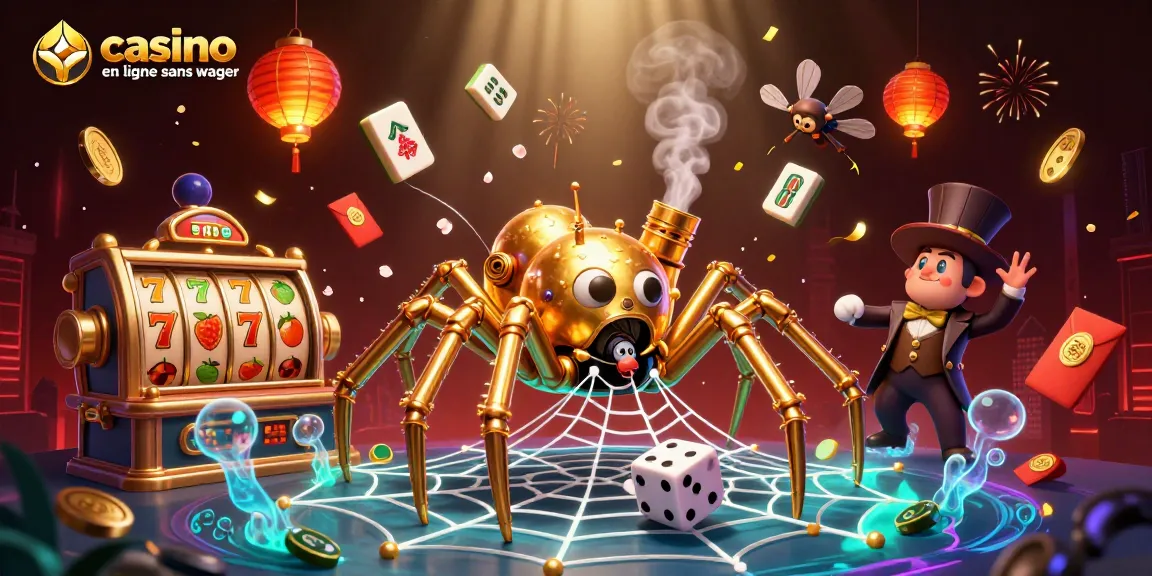 Jouez à casino en ligne sans wager, découvrez une scène riche avec une araignée steampunk et des éléments de jeu.