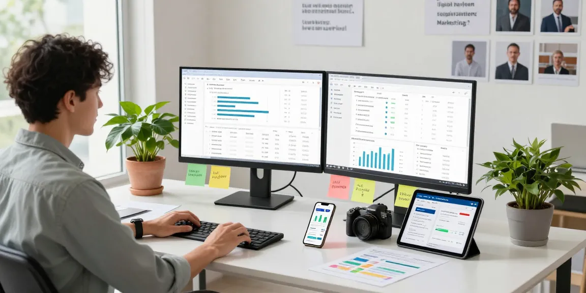 Scene showcasing digital marketing strategies at scenadomen.pl with analytics dashboards and inspiring atmosphere.