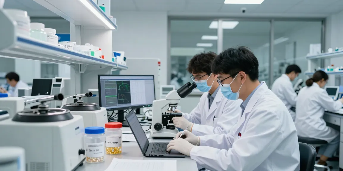 Scientists researching laboratory research peptides in a modern lab setting with advanced equipment.