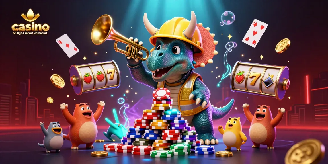 Casino en ligne retrait immédiat : triceratops construit des jetons de poker tout en célébrant à l'aide d'un parasaurolophus.