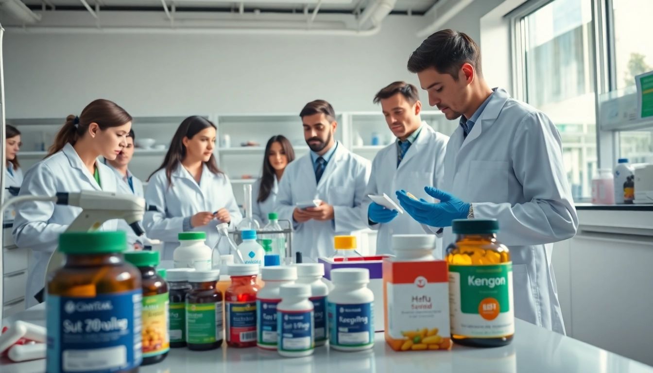 Food supplement manufacturers UK team innovating in a bright laboratory setting.