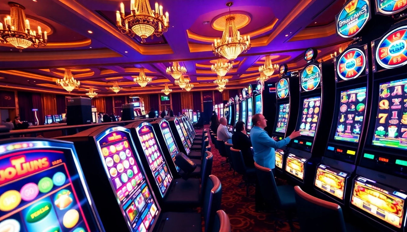 Memikat pemain di mesin slot pulsa berwarna-warni dalam suasana kasino mewah.