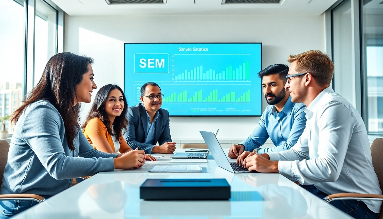 Analyze strategies for Search engine marketing (SEM) with a diverse team in a vibrant office.