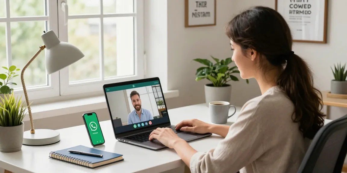 Person using WhatsApp下載 on laptop in a bright home office, showing technology integration and creative workspace.