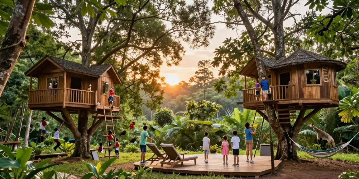 Treehouses nestled in a scenic woodland, family enjoying outdoor activities and relaxation in nature.