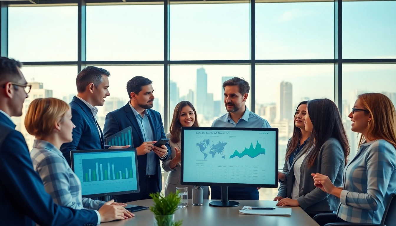 Engaged team analyzing enterprise search tools in a modern office environment.