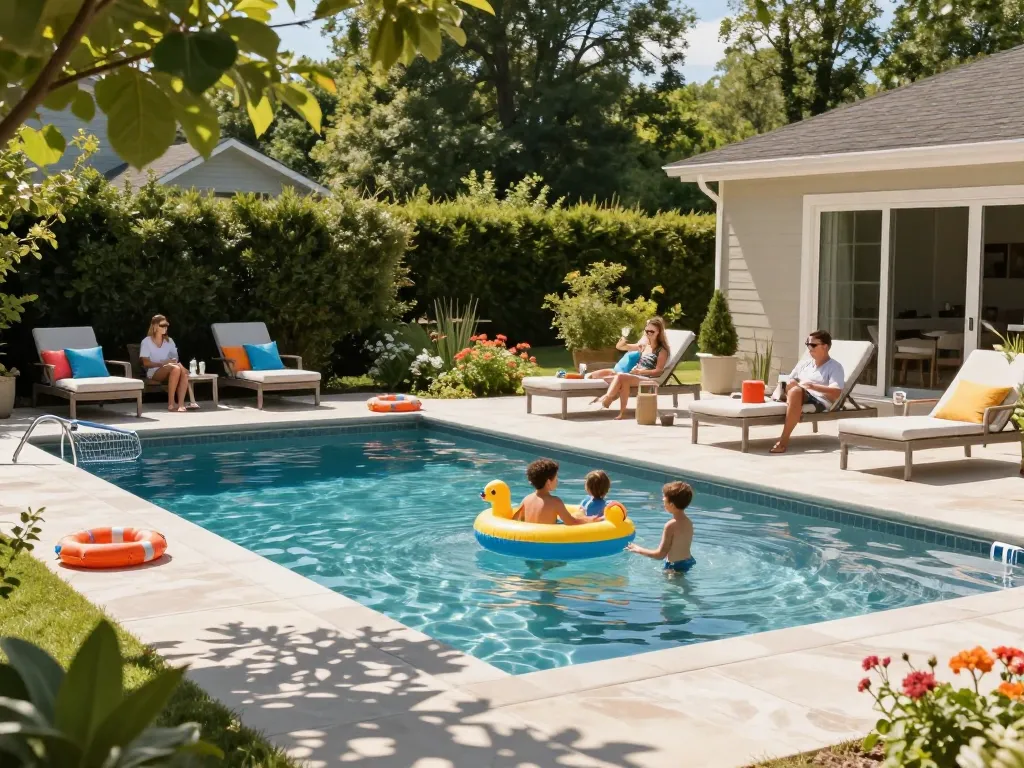 Dolphin Pool Services family enjoying a sunny afternoon at a clear pool in Virginia, surrounded by lush greenery and relaxing atmosphere.
