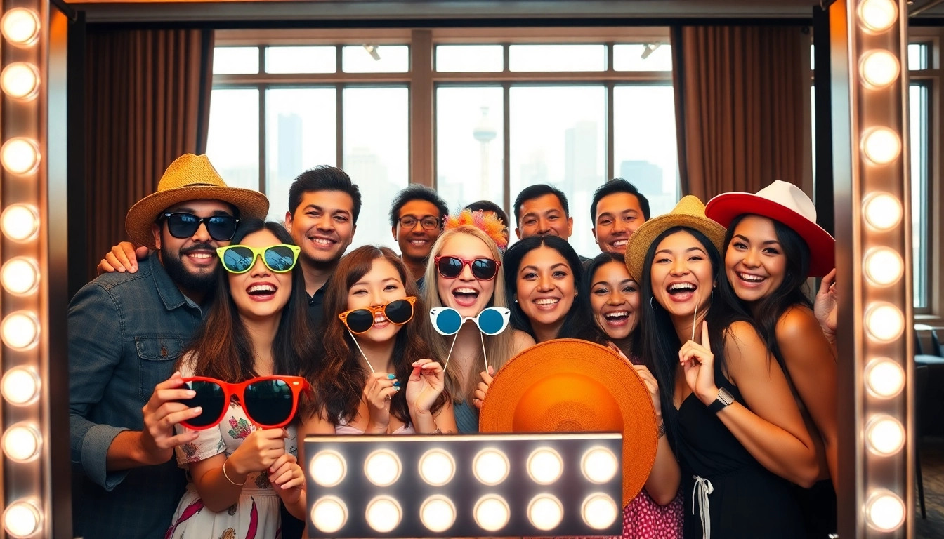 Guests enjoying a photo booth Chicago experience with fun props and vibrant atmosphere.