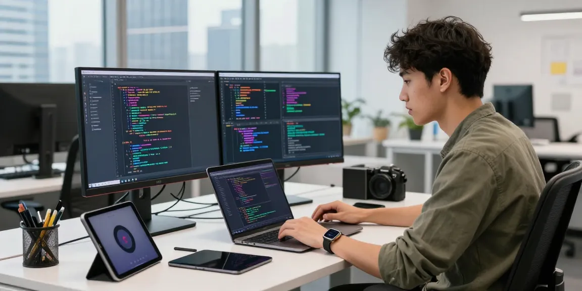 Dynamic coding environment featuring a developer at work on the 纸飞机官网 project in a modern tech office.