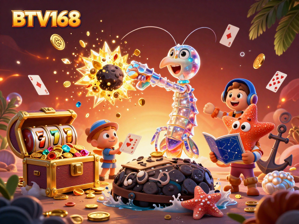 BTV168 delivers thrilling casino action with a samurai mantis shrimp amidst exploding jackpots and vibrant gems.