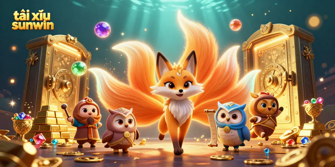 Engage in tài xỉu sunwin gameplay with colorful spirit characters amidst shining treasure vaults and gems.