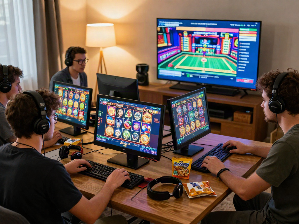 Engaging players at slot server kamboja enjoying colorful online games in a cozy setting.