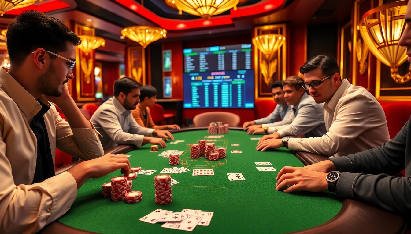 Players engaged in a thrilling IDN poker game at a vibrant casino table, showcasing excitement and strategy.