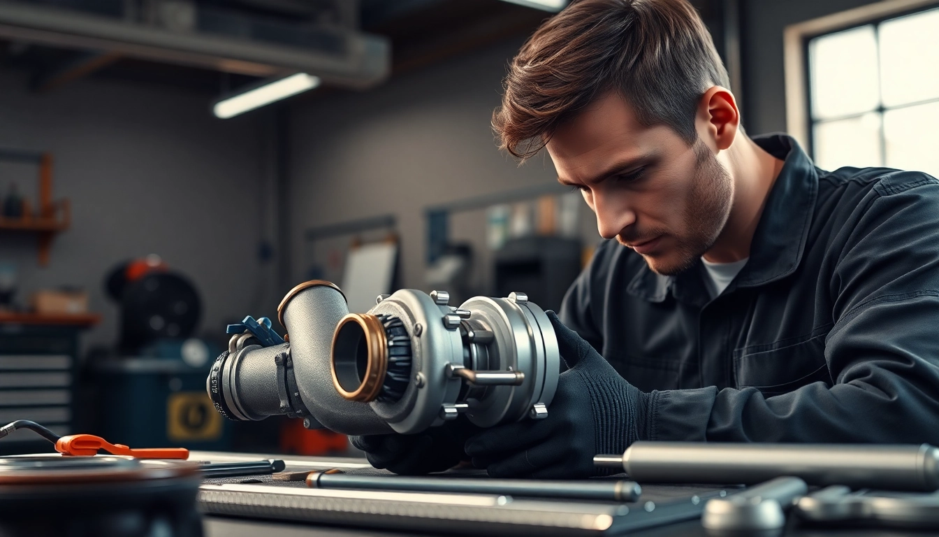Inspecting the Turbosmart track turbo with a technician in a garage setting.