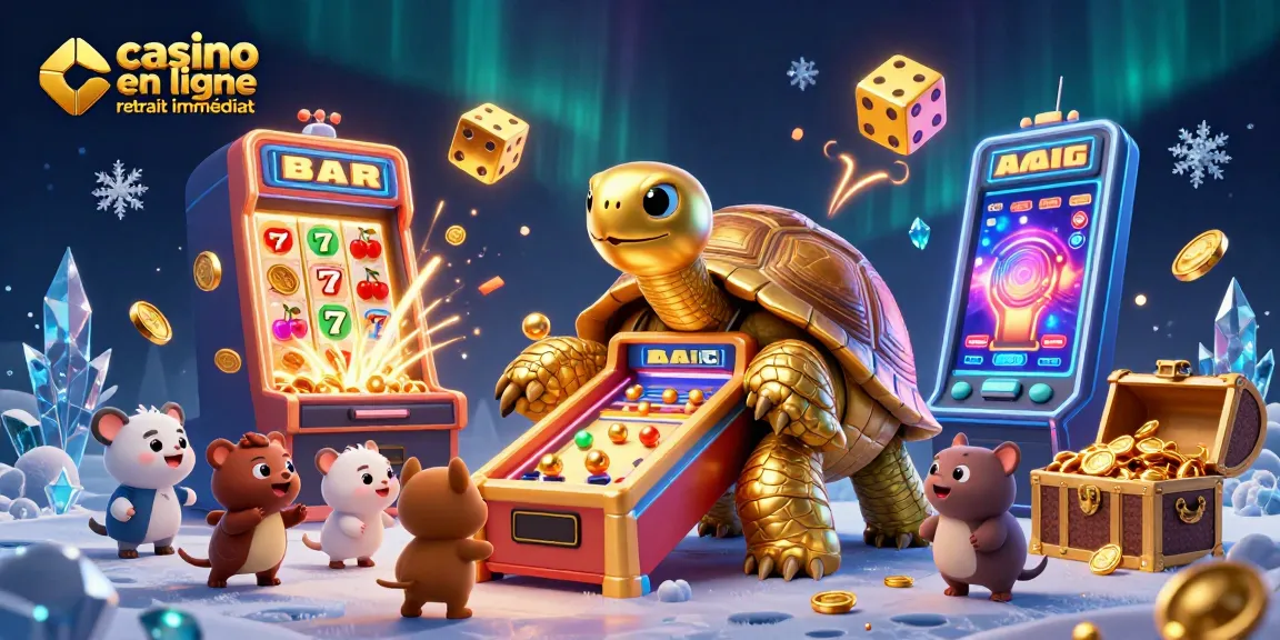 Jouer sur casino en ligne retrait immédiat, avec une illustration colorée de machines à sous et jeux d'animaux amusants.