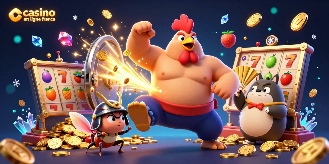 Découvrez le casino en ligne en France à travers une illustration d'un sumo et un criquet combattant dans une scène riche en trésors et jeux.