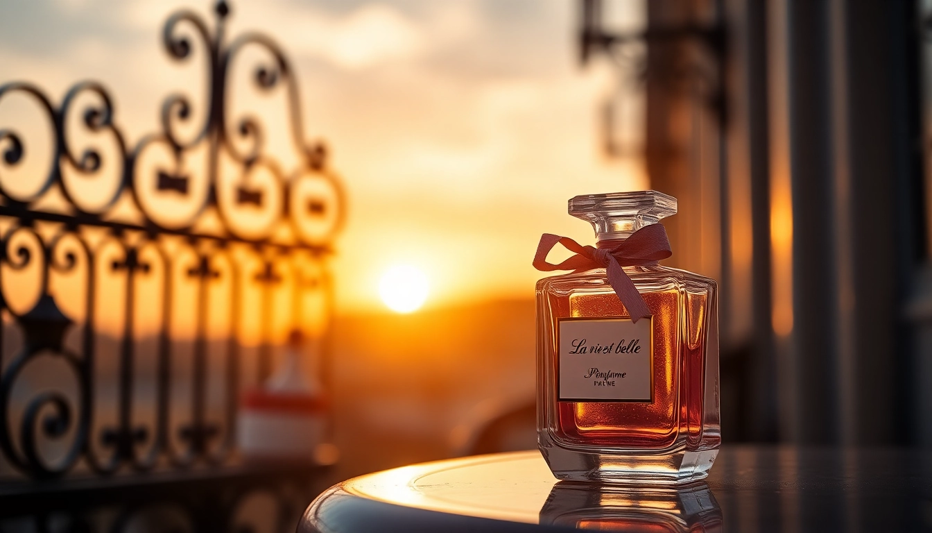 Captivating display of La vi est belle fragrance bottle against a vintage Paris backdrop.