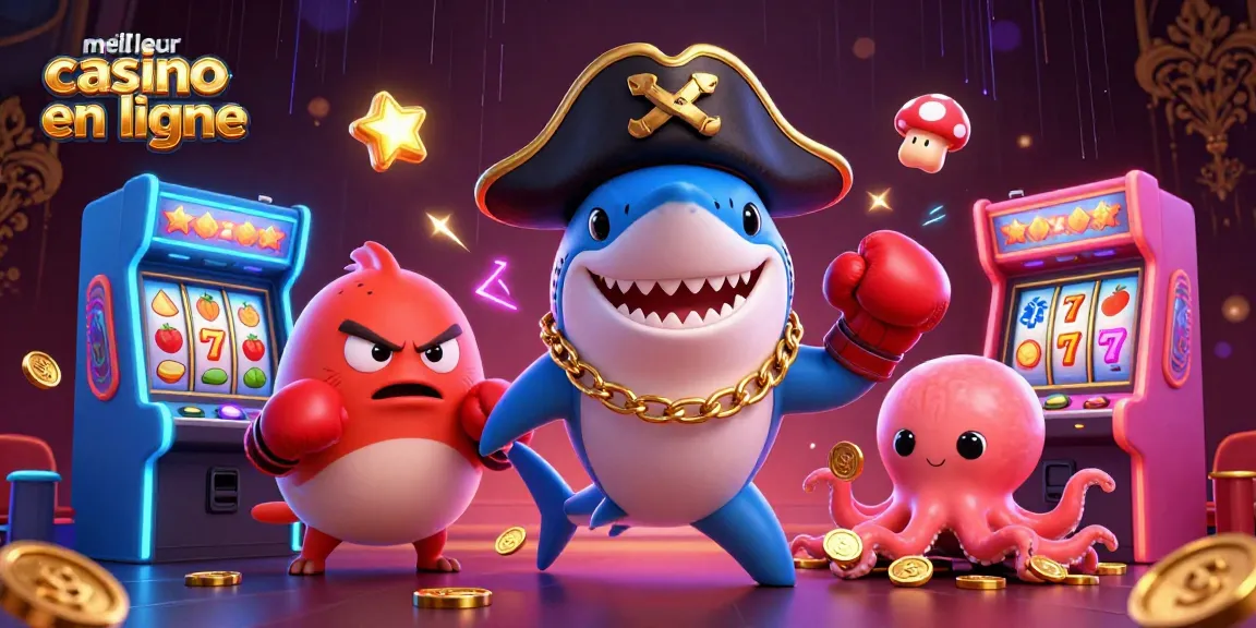 Cartoon d'un requin pirate, un poisson-globe et une pieuvre captivée par le meilleur casino en ligne.