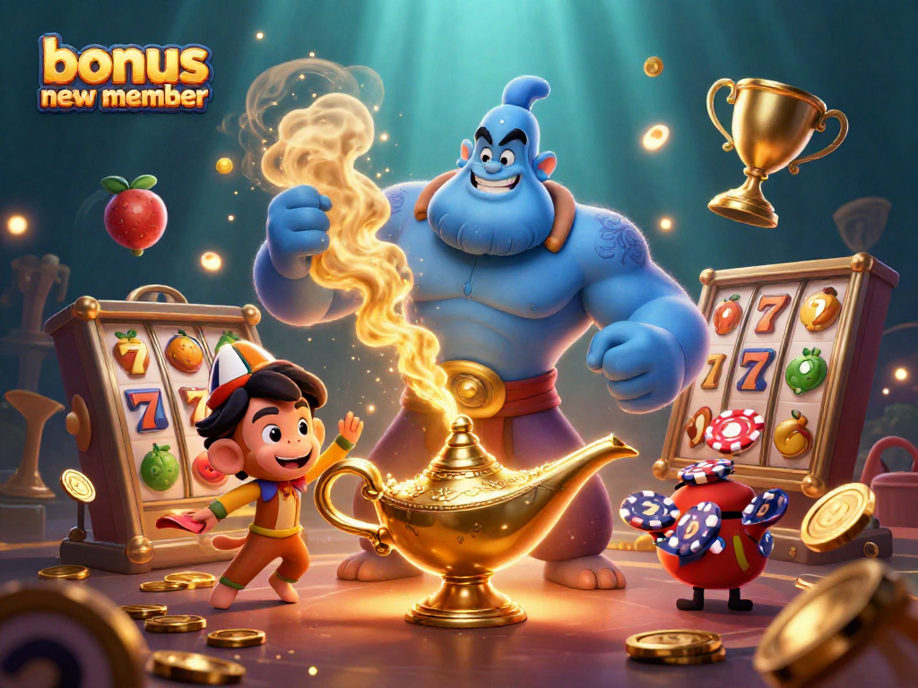 Engage with the bonus new member promotions in a vibrant casino-themed scene showcasing slots and casino elements.