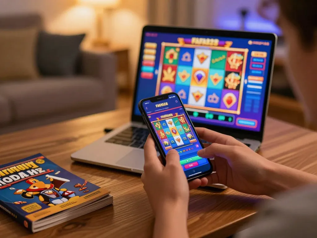 Engaging user exploring FAFA828 mobile casino slots in a cozy home setting