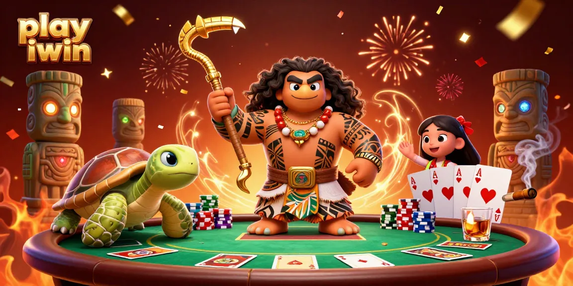 Play iwin in a vibrant casino scene featuring a Maui-style demigod and poker elements.