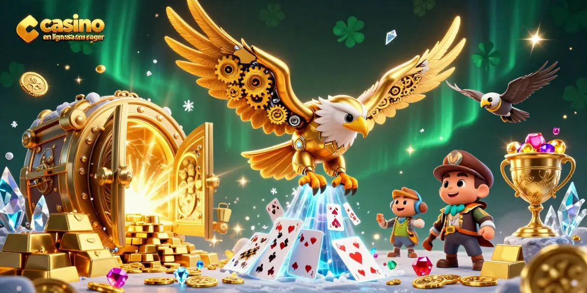 Jouez au casino en ligne sans wager avec une illustration 3D captivante remplie de trésors dorés.