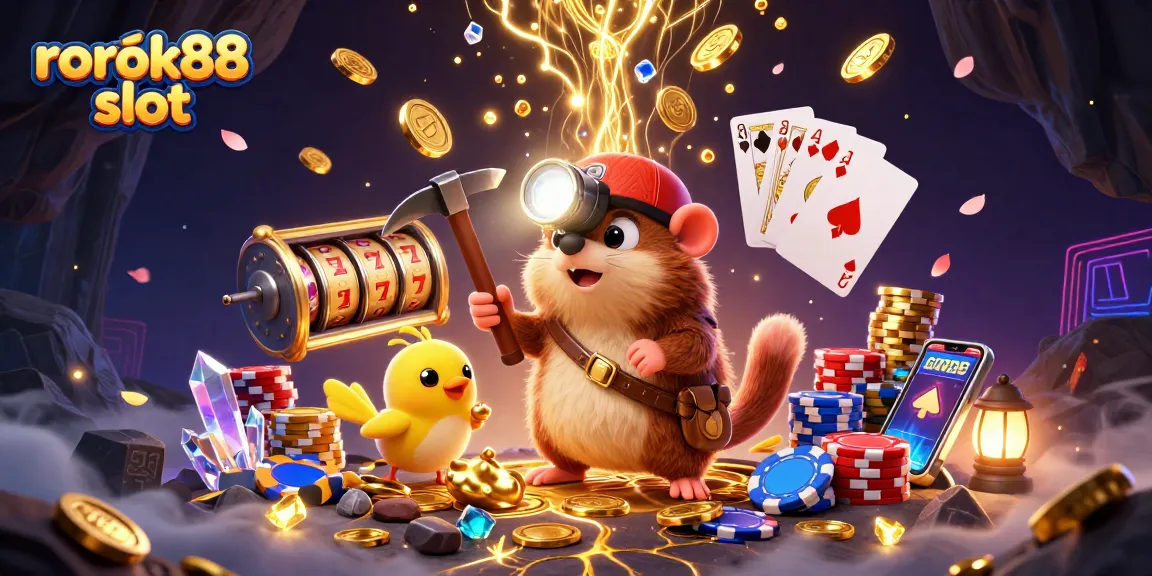 Engage with rokok88 slot featuring a treasure hunter mole, vibrant casino elements, and dazzling visuals.
