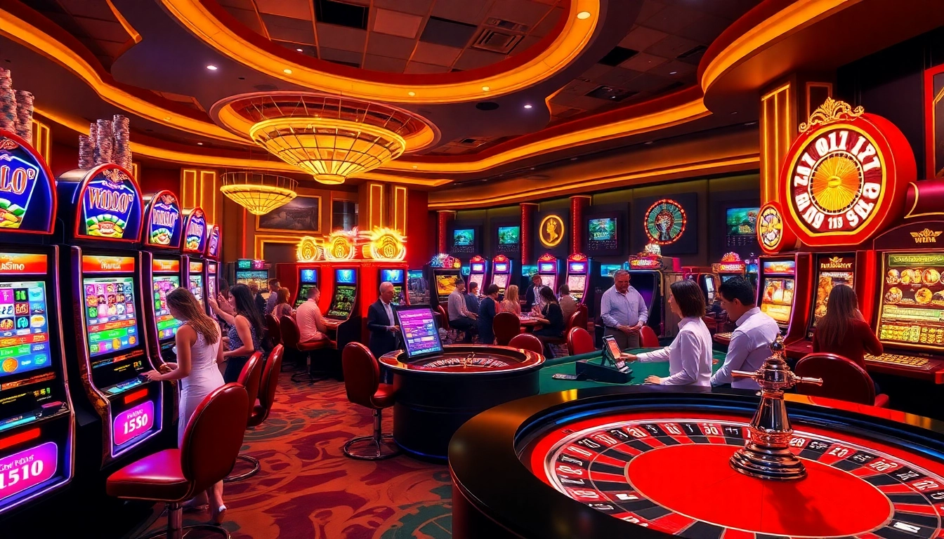 Engage in the excitement of vn168 đăng nhập at a vibrant casino with players celebrating wins and digital interfaces.