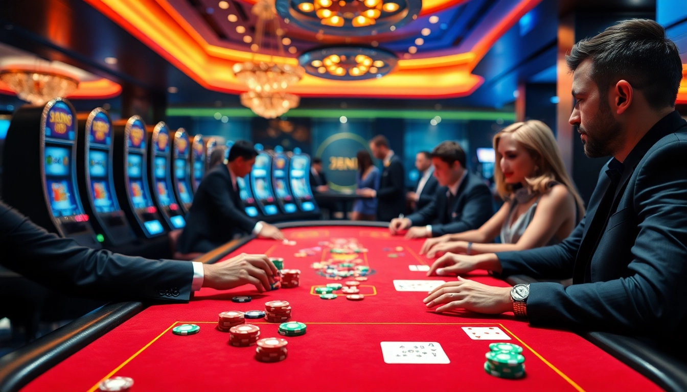 Online casino spielen am Tisch mit lebhaftem Spielgeschehen und bunten Chips in einem modernen Casino.