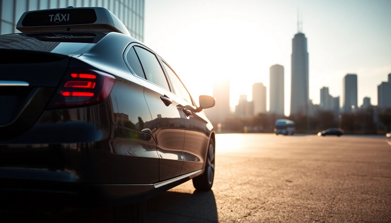 Long distance taxi transfers showcased in a vibrant urban setting with a modern taxi.