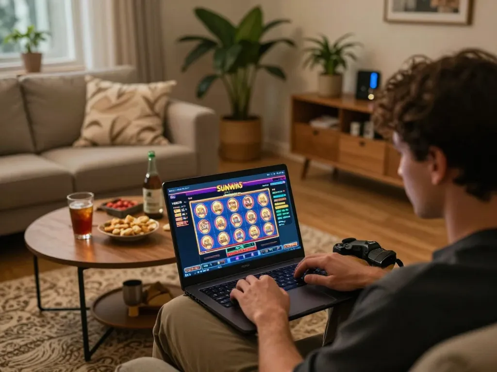 Player engaging with Sunwin online slot games in a cozy home setting, showcasing excitement and comfort.