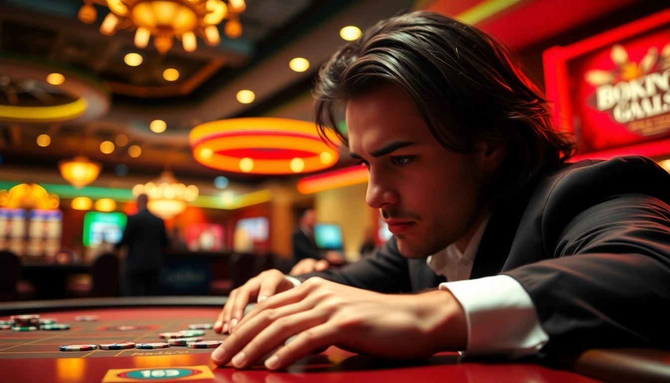 A professional gaming scene depicting a player at the table, showcasing 8win malaysia's vibrant casino atmosphere.
