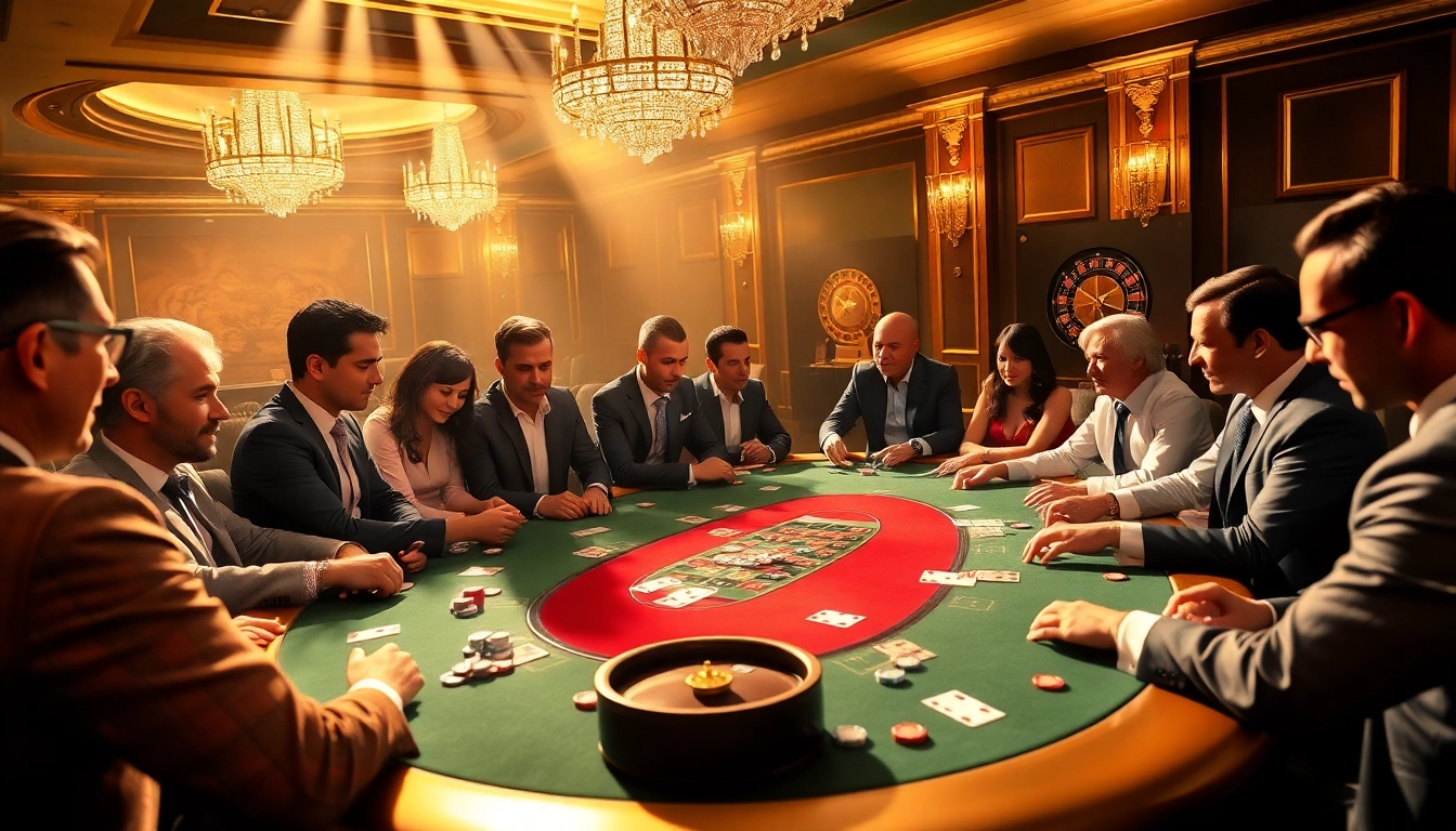 Experience high-stakes poker at the top club with vibrant chips and luxurious gaming tables.
