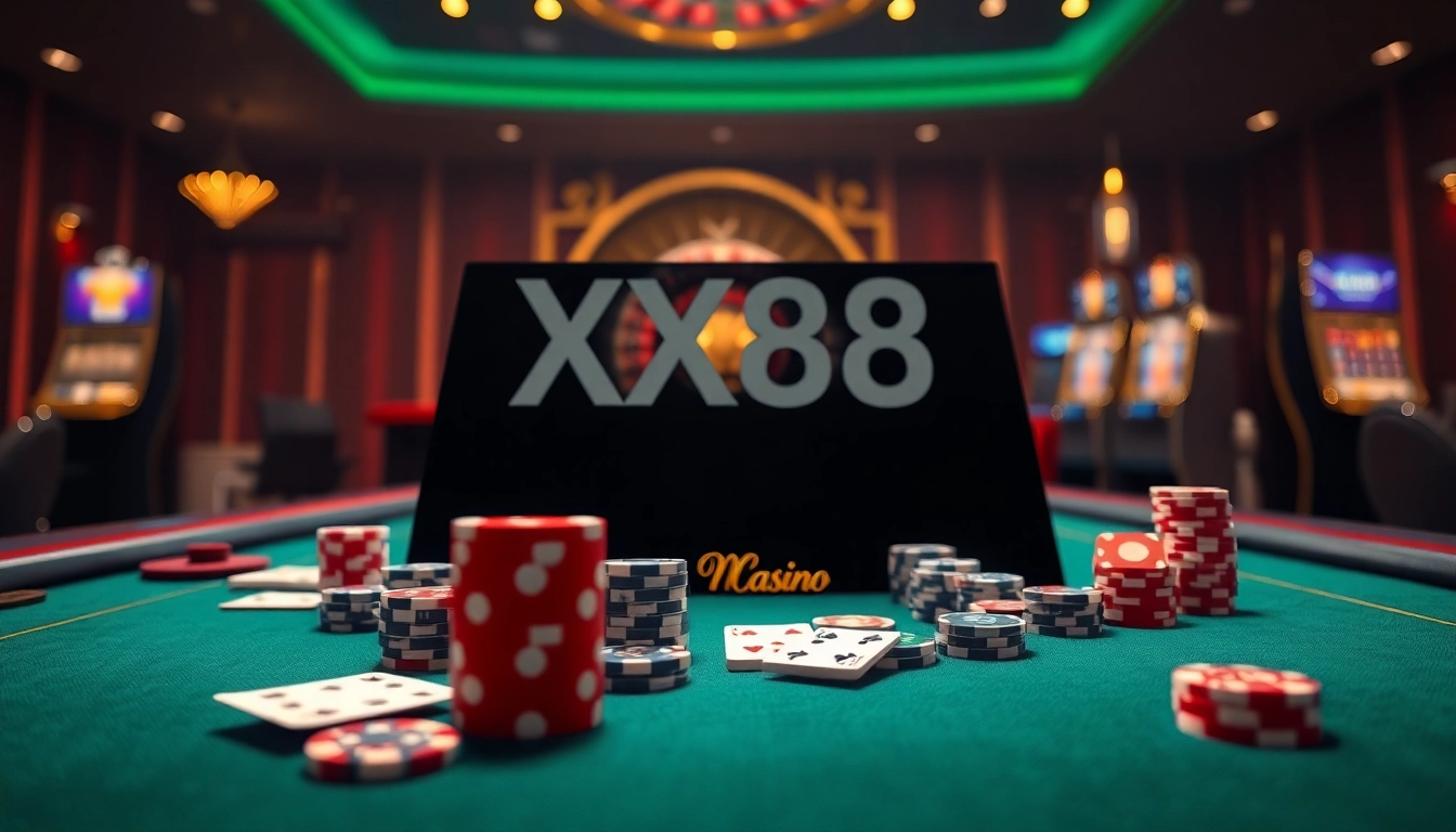 Experience the excitement of XX88 with a modern casino scene featuring poker chips and roulette.