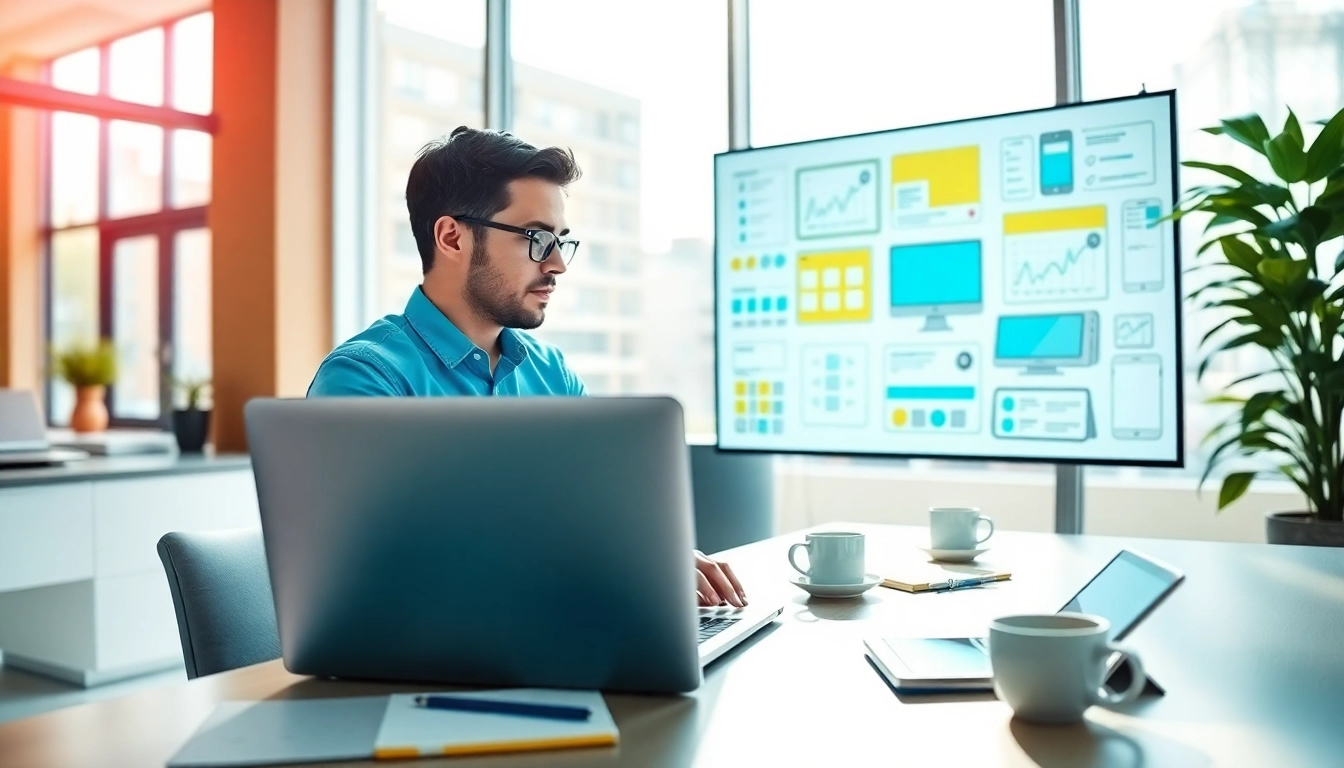 Creative workspace for web design edmonton with a developer at a laptop and colorful sketches.