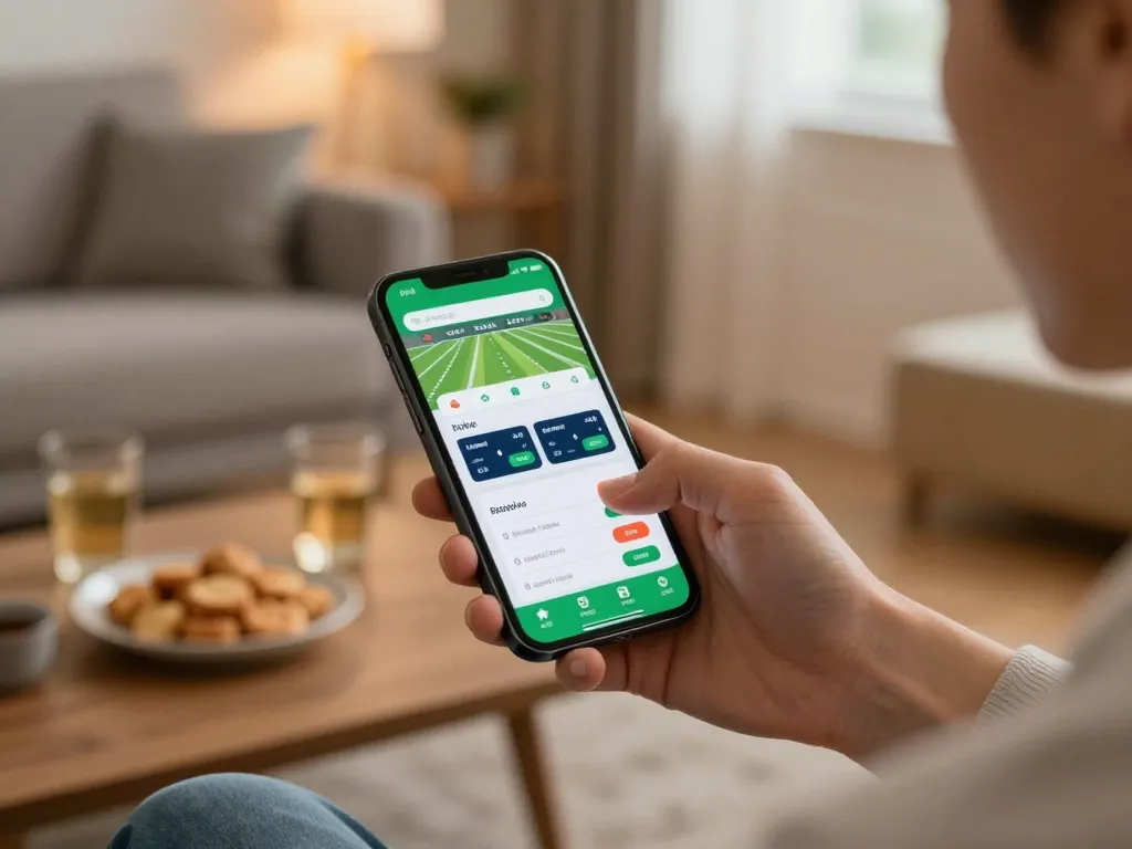 Link vào SBOBET showcased on a smartphone during an exciting live sports betting session in a cozy setting