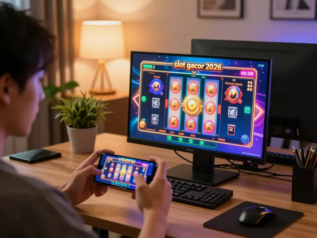 Engaging gameplay on slot gacor 2026 displayed on smartphone by a player in cozy home setting.