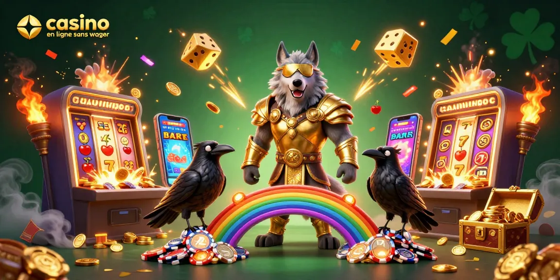 Visuel dynamique de casino en ligne sans wager avec un loup inspiré d'Odin et des éléments de jeux animés.