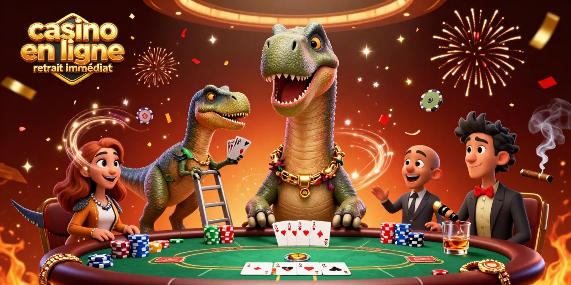 Découvrez notre illustration animée "casino en ligne retrait immédiat" avec un brontosaurus géant et un croupier raptor.