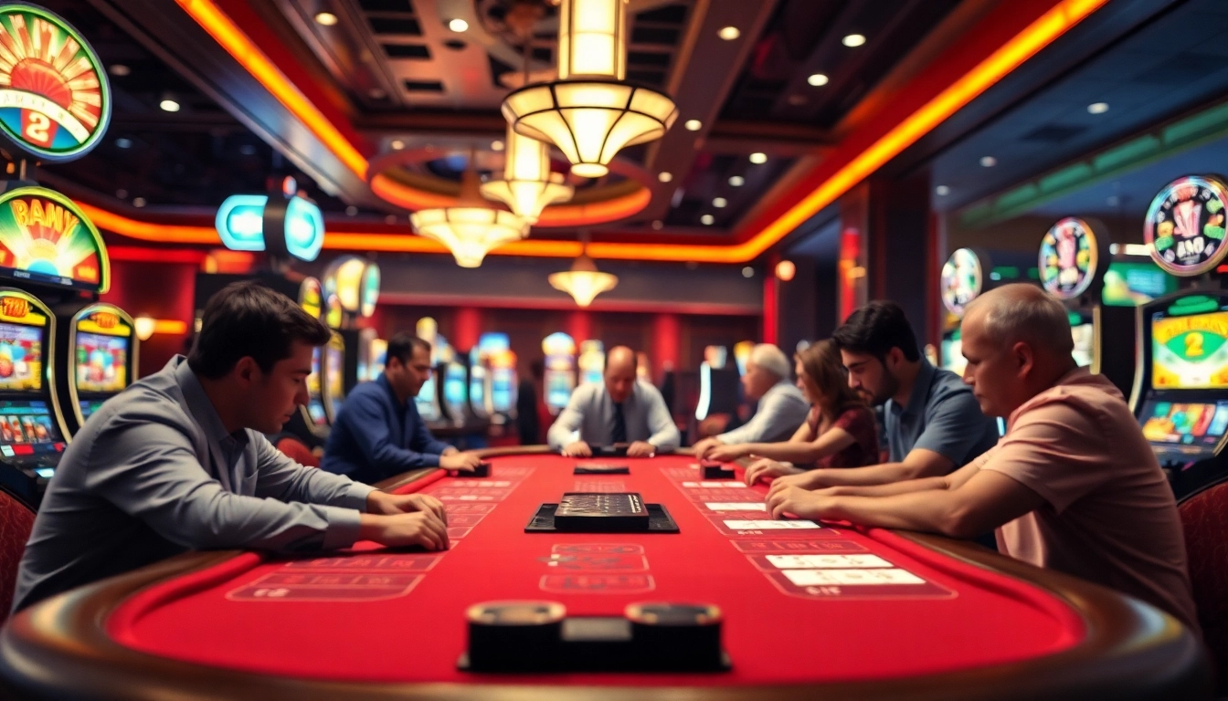 Login hoki 77 untuk bertaruh di meja kasino dengan pemain dan mesin slot yang ramai.