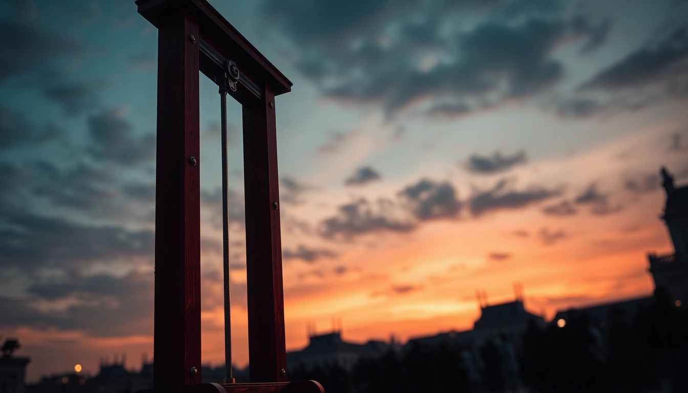 Guillotine origin phrase illustration depicting a historical guillotine in a dramatic setting.