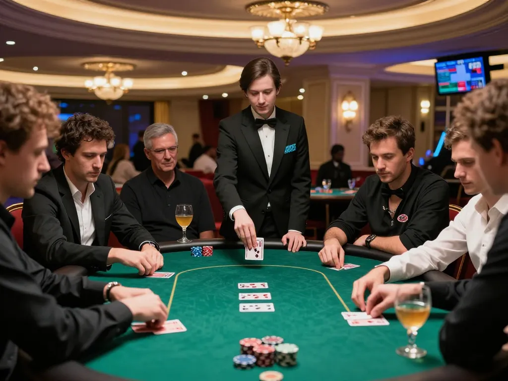 Engaged players at a high-stakes poker table practicing winstrike69 strategies in a luxury casino atmosphere.