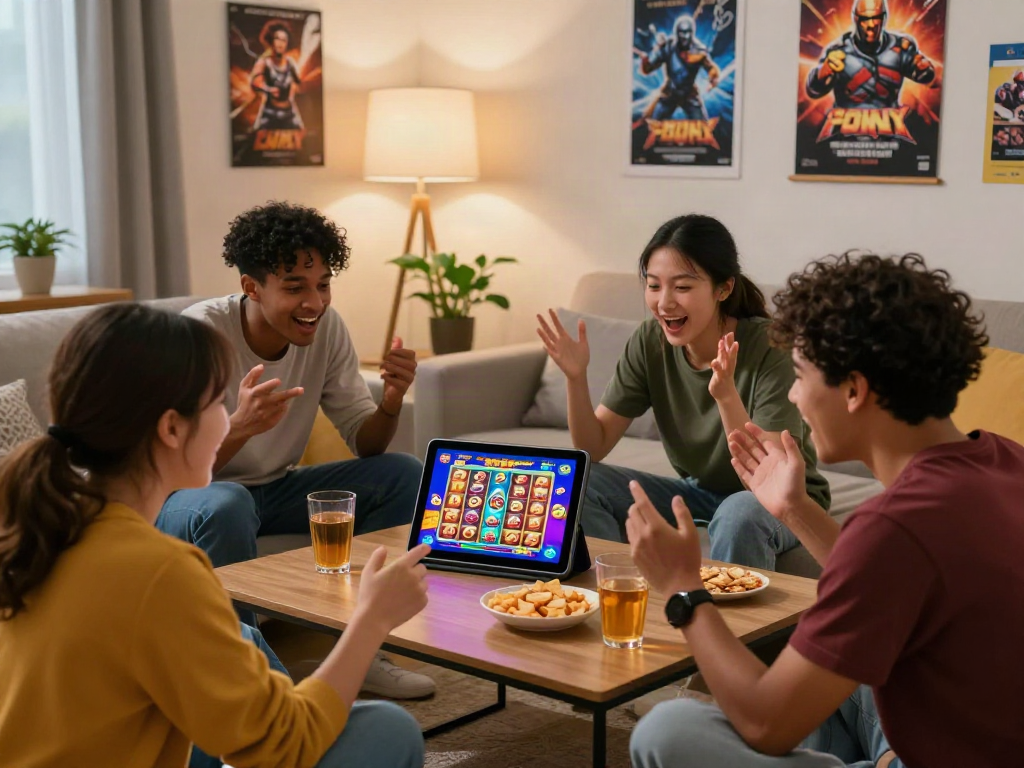Friends enjoying engaging gameplay with bonus new member 100 on a cozy coffee table.