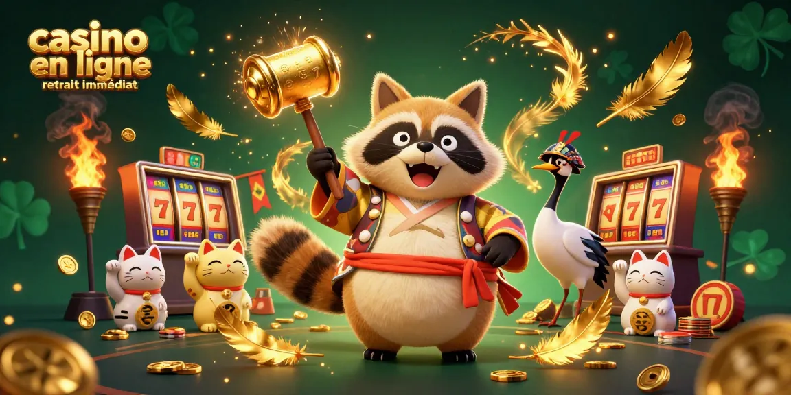 Illustration d'un casino en ligne avec une mascotte tanuki et des éléments de retrait immédiat.